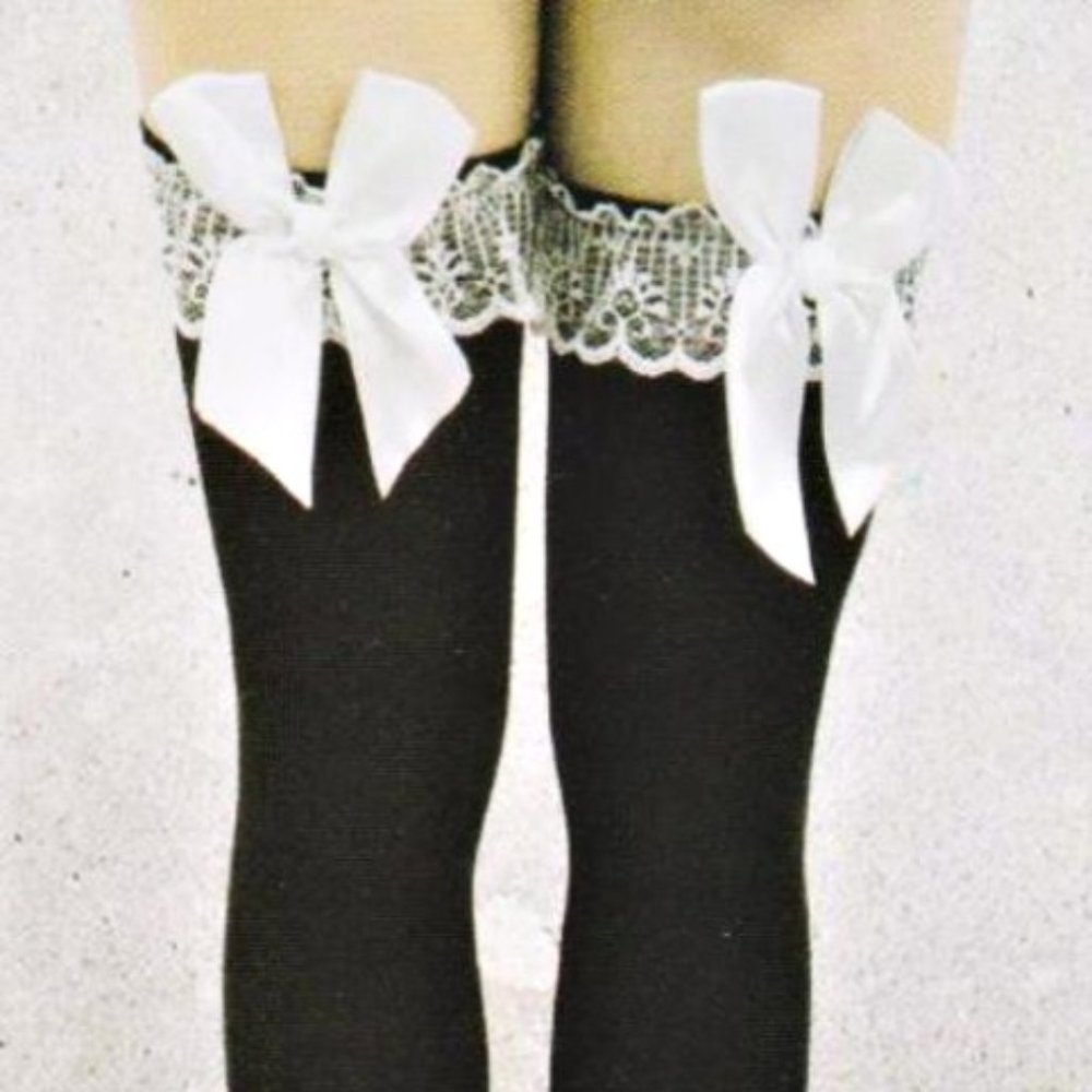 STOCKINGS OVER THE KNEE BLACK / WHITE BOWTIE ONE SIZE PREPACKED